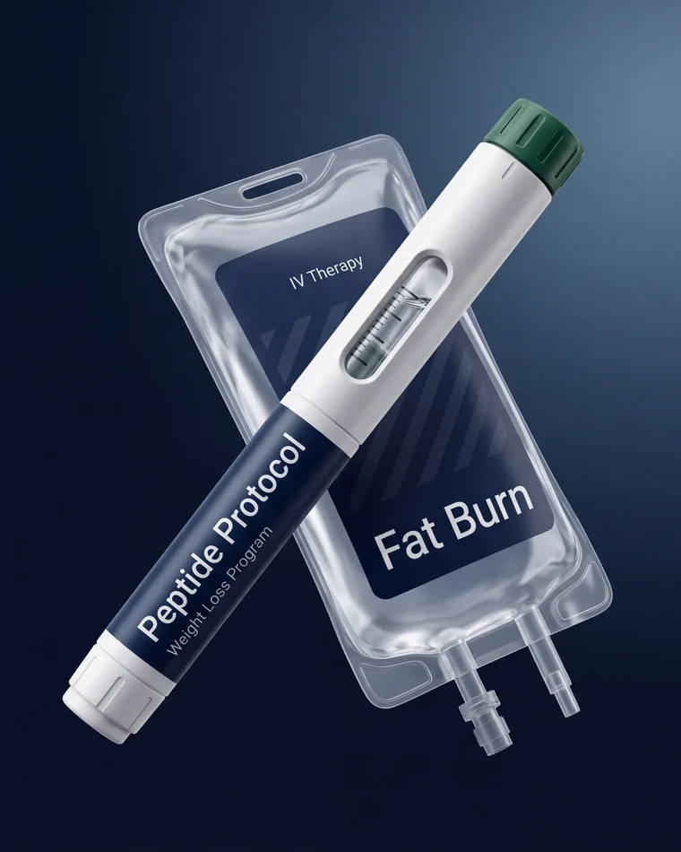 Vero Health peptide and IV fat-burn programme: a peptide protocol pen beside a fat-burn infusion bag
