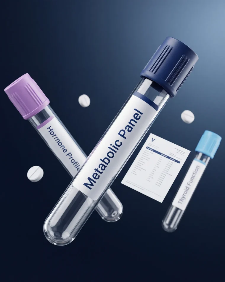 Vero Health metabolic baseline: hormone profile, metabolic panel and thyroid blood tubes beside a printed report